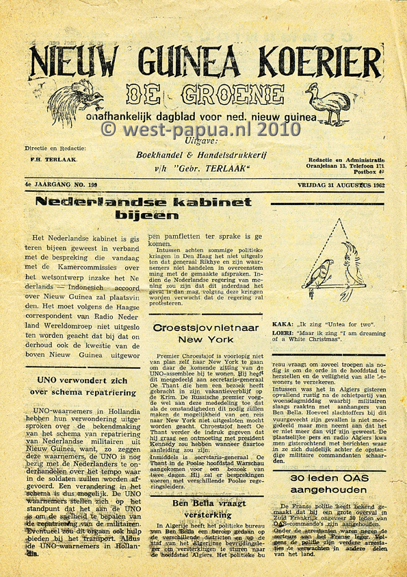 Nieuw Guinea Koerier 1962-08-31 pagina 1