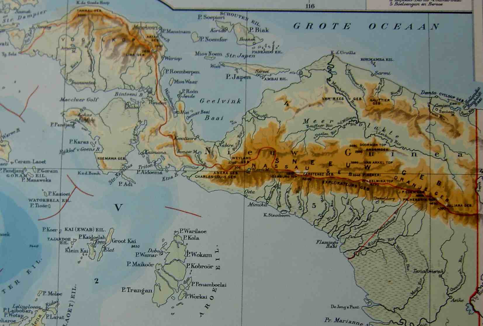 Landkaart Nieuw Guinea fragment van blad 36, De Groote Oost,  in Bosatlas 1939